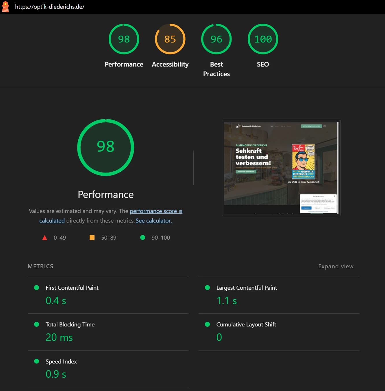 Lighthouse-Bericht für Augenoptik Diederichs (Desktop)